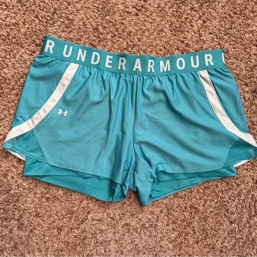 Under Armour Play Up 2-in-1 Women’s Athletic Training Shorts XXL Neptune Green - Picture 2 of 9